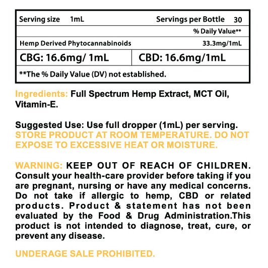 1000mg Tincture Oil Label/Chart/Warning