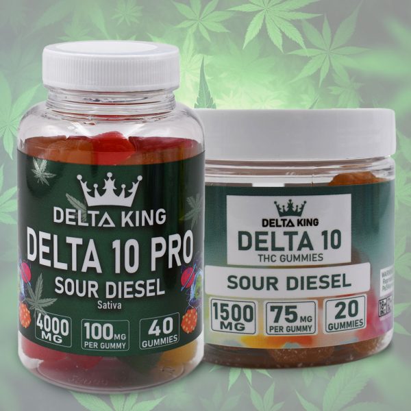Delta 10 Gummies in Sour Diesel Strain Oriented Flavor shown 20ct and 40ct jars