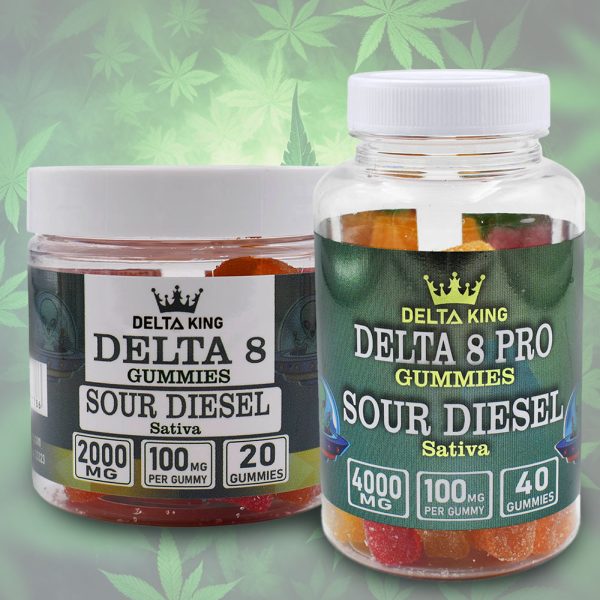 Delta 8 Gummies in Sour Diesel Strain Oriented Flavor shown 20ct and 40ct jars