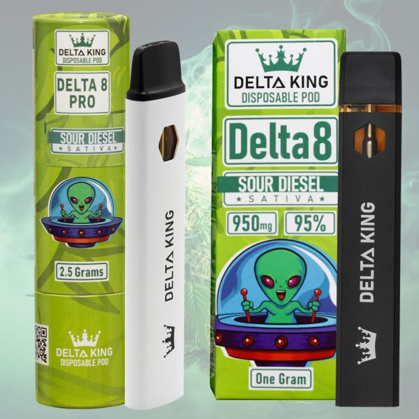 Delta King's Sour Diesel Strain Delta 8 Vapes shown in 2.5Gr and 1Gr capacity
