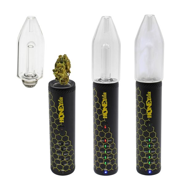 Honeystick HRB Dry Herb Vaporizer Loading Weed - to Vape Ready. Shown with Glass Bubbler.